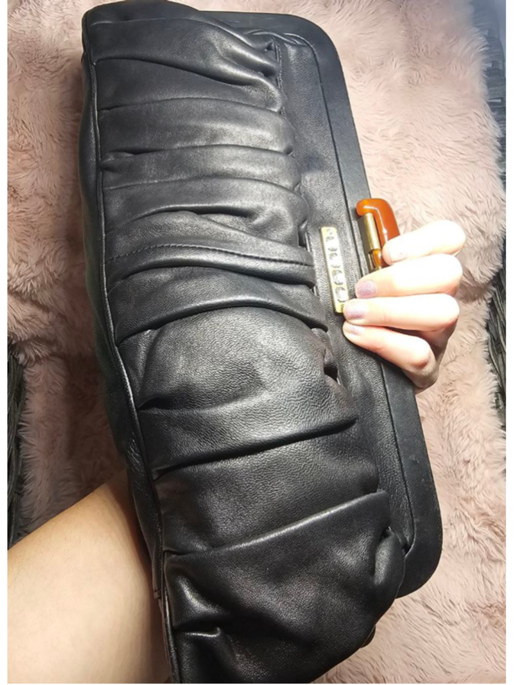Betsey Johnson Black Genuine Leather Ruched Kiss Lock Clutch Handbag